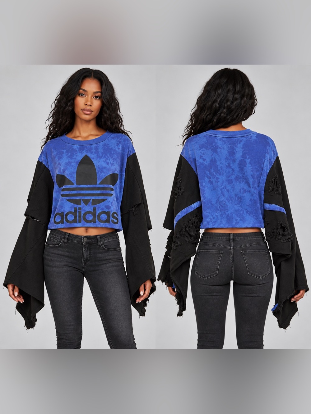 Upcycled adidas Blue Tie-Dye Crop Top with Distressed Black kimono style Sleeves